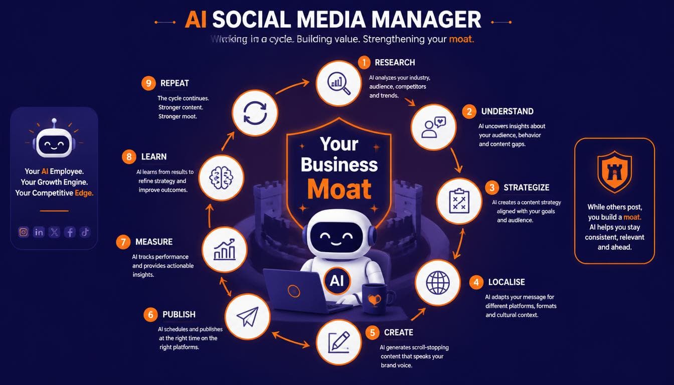 The idea of a social media manager — AI employee researching trends and creating localized content